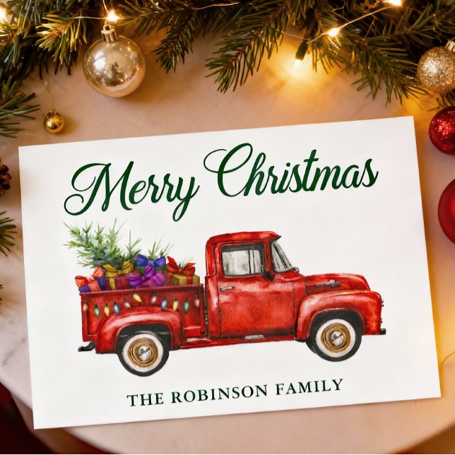 Classic Red Truck Tree Gifts Christmas Family Name Holiday Card (Creator Uploaded)