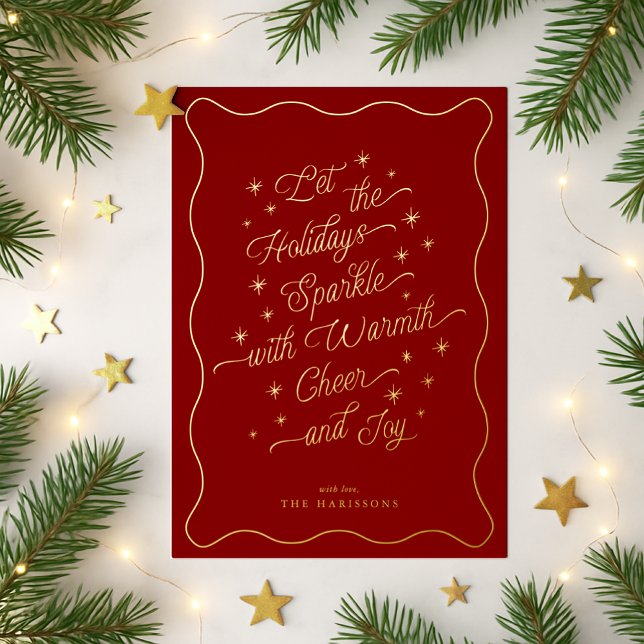 Classic Red Wavy Border Sparkle Holiday Card (Creator Uploaded)