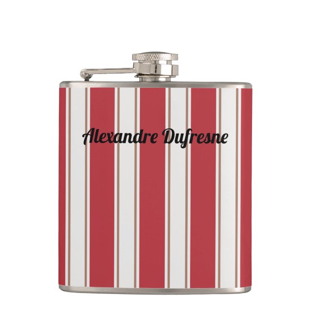 Classic Red, White and Mocha Mouse Stripes Hip Flask (Front)