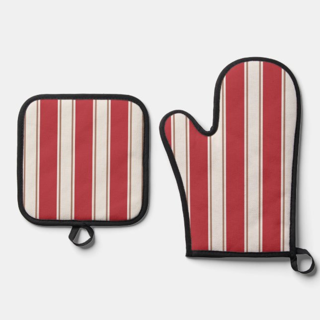 Classic Red, White and Mocha Mouse Stripes Oven Mitt & Pot Holder Set (Front)