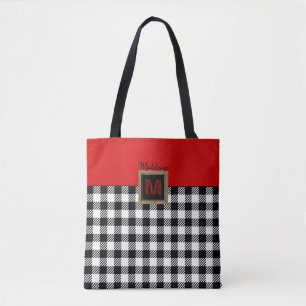 Classic Red White & Black Buffalo Plaid Monogram Tote Bag
