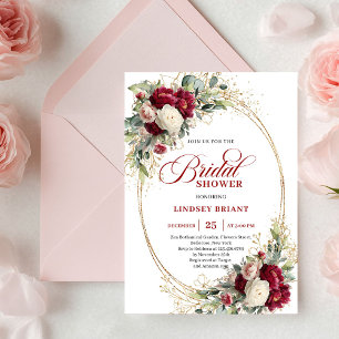 Classic Red White Floral Gold Bridal Shower Invitation