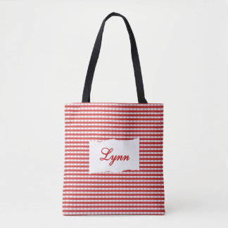 Classic Red & White Gingham | Personalized Name Tote Bag