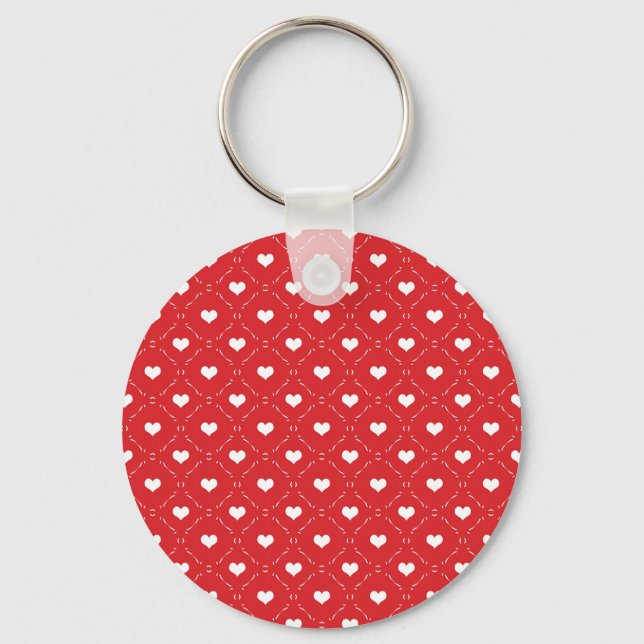 Classic Red White Heart Geometric Lattice Key Ring (Front)