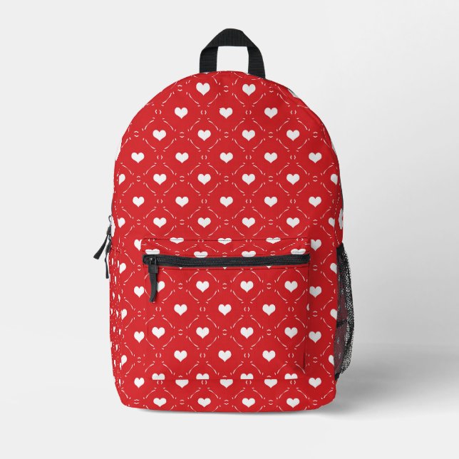 Classic Red White Heart Geometric Lattice Printed Backpack (Front)