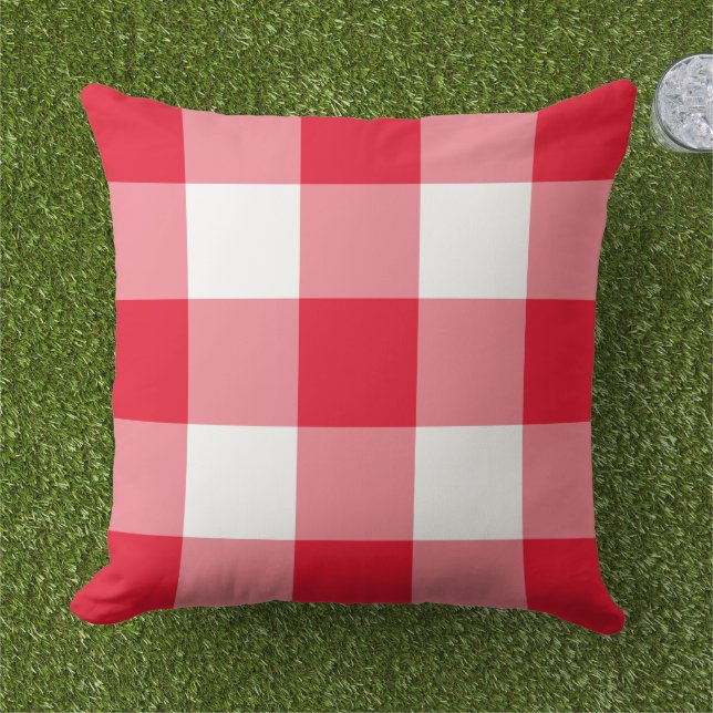 Classic Red White Large Gingham Check Cushion (Grass)