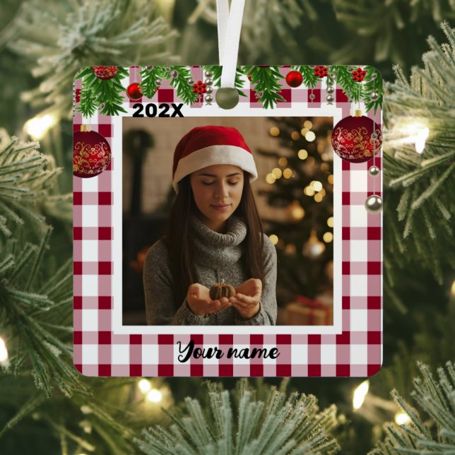 Classic Red White plaid Christmas Photo Metal Orna Tree Decoration (Insitu)