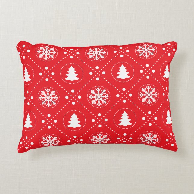 Classic Red White Snowflake Christmas Tree Design Decorative Cushion (Front)