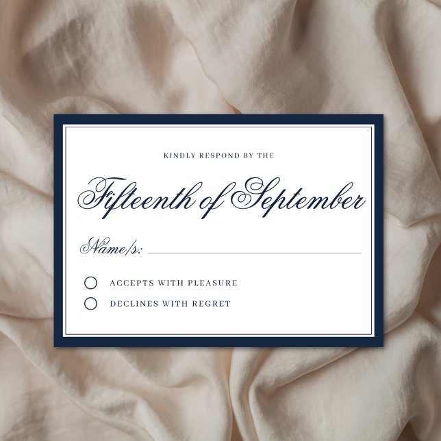 Classic Regal Navy Blue Elegant Script Minimalist RSVP Card (Creator Uploaded)