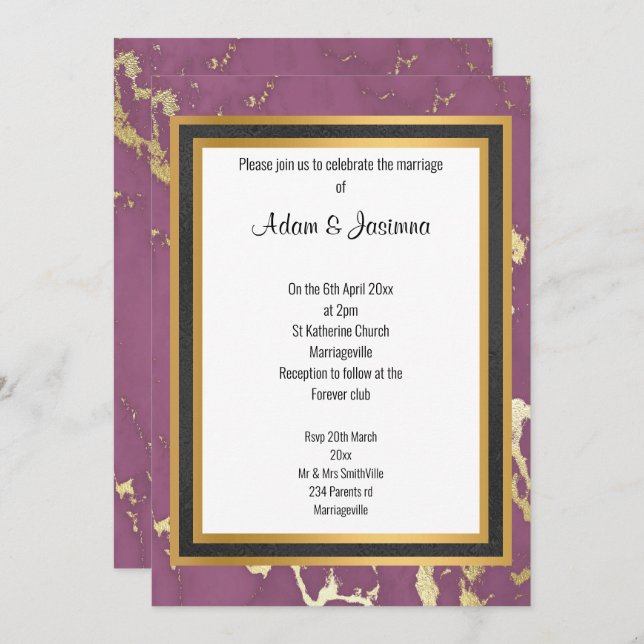 CLASSIC REGAL PURPLE GOLD MARBLE LAYER WEDDING  INVITATION (Front/Back)