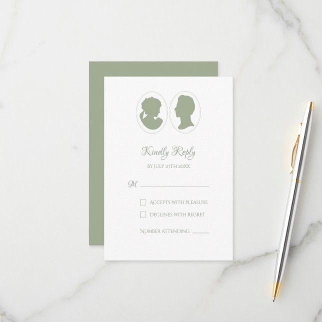 Classic Regency Green Cameo Wedding RSVP Card (Front/Back In Situ)