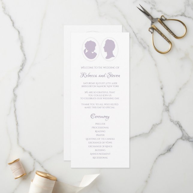 Classic Regency Purple Cameo Wedding Ceremony Programme (Front/Back In Situ)