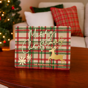 Classic Reindeer On Dark Green Red Plaid Gold