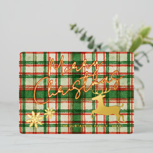 Classic Reindeer On Dark Green Red Plaid Gold