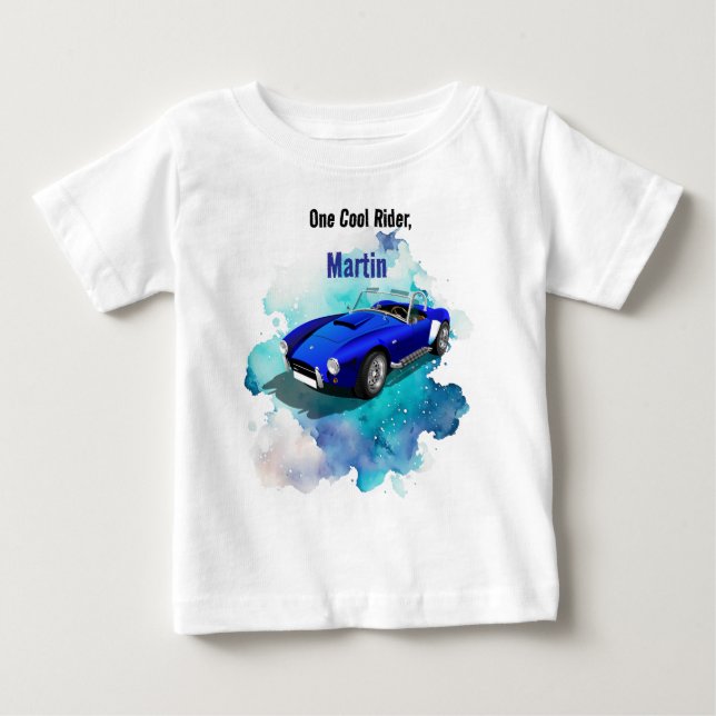 Classic Retro Blue Sports Car Birthday Adventure Baby T-Shirt (Front)
