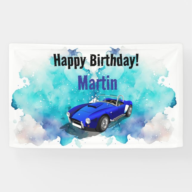 Classic Retro Blue Sports Car Birthday Adventure Banner (Horizontal)