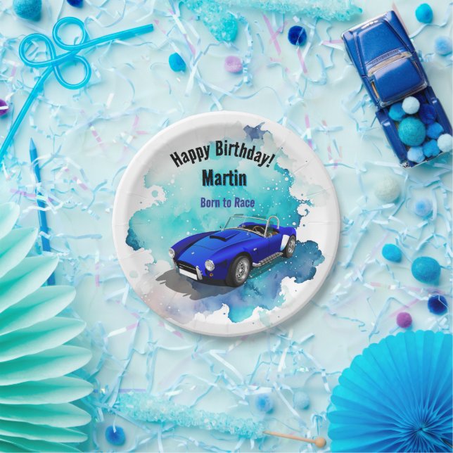 Classic Retro Blue Sports Car Birthday Adventure H Paper Plate (Party)