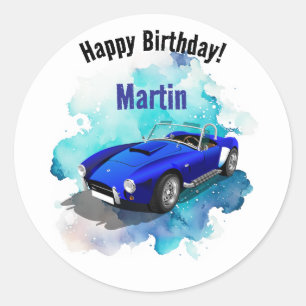 Classic Retro Blue Sports Car Birthday Adventure Round Sticker