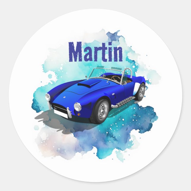 Classic Retro Blue Sports Car Birthday Adventure Round Sticker (Front)
