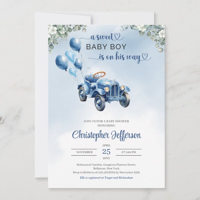 Classic retro car toy eucalyptus boy Baby Shower Invitation (Front)