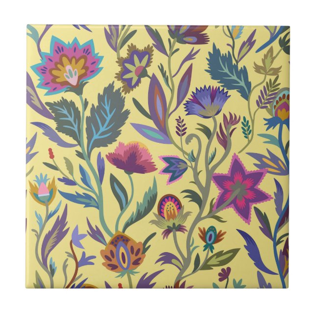 Classic retro colourful Victorian flowers l Yellow Tile (Front)