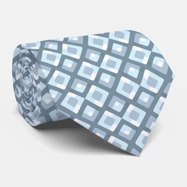 Classic Retro Grey Slate Blue Squares Pattern Tie (Rolled)