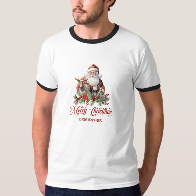 Classic retro illustration Santa with reinder T-Shirt (Front)