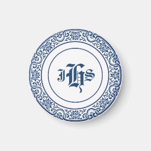 Classic Retro Personalised Monogram Blue Pattern Magnet