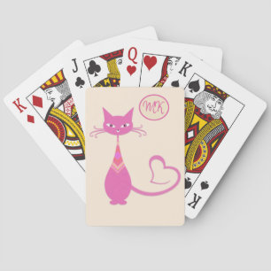 Classic Retro Pink Cat Heart Tail Monogram Playing Cards
