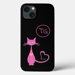 Classic Retro Pink Kitty Cat Heart Tail Monogram iPhone 13 Case