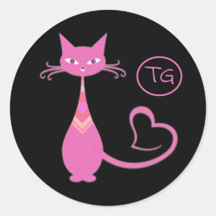 Classic Retro Pink Kitty Cat Heart Tail Monogram Classic Round Sticker