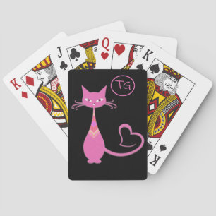 Classic Retro Pink Kitty Cat Heart Tail Monogram Playing Cards
