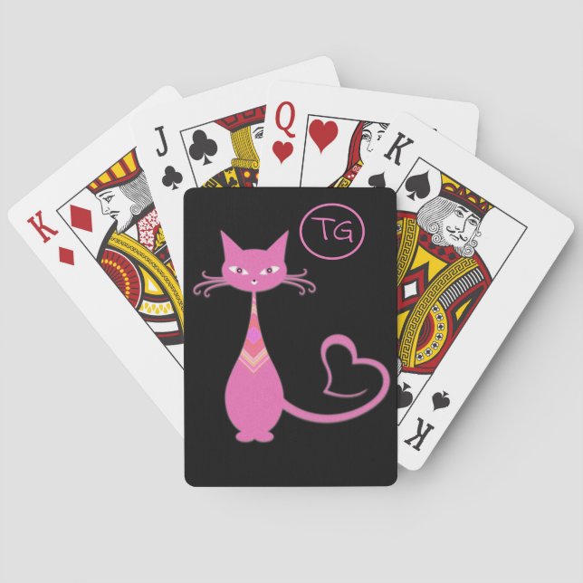 Classic Retro Pink Kitty Cat Heart Tail Monogram Playing Cards (Back)