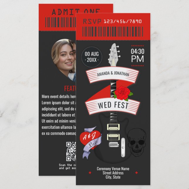 Classic Rock Rock ’n’ Roll Wedding Ticket Invitation (Front/Back)
