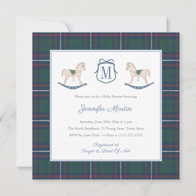 Classic Rocking Horse Tartan Winter Baby Shower Invitation (Front)