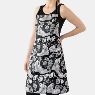 Classic Roller Skates Flowers ,black white Apron
