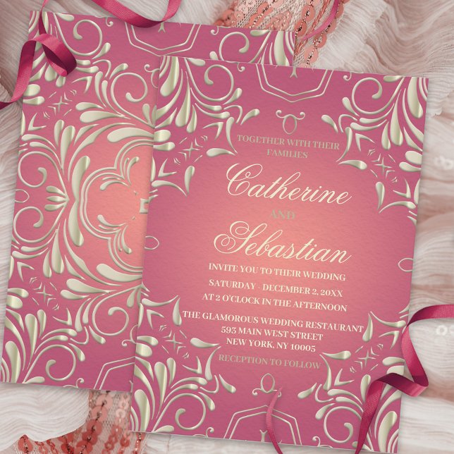 Classic Romantic Gold Pink Ornate Border Wedding Invitation (Creator Uploaded)