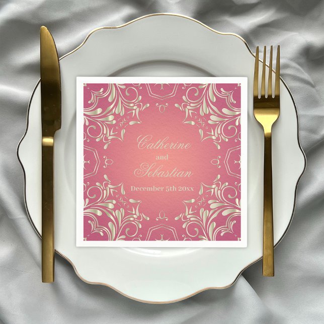 Classic Romantic Gold Pink Ornate Border Wedding Napkin (Creator Uploaded)