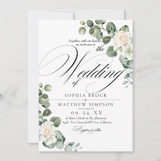 Classic Romantic Rose Greenery Monogram Wedding Invitation (Front)