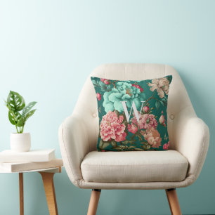 Classic Romantic Teal and Pink Floral Monogrammed Cushion