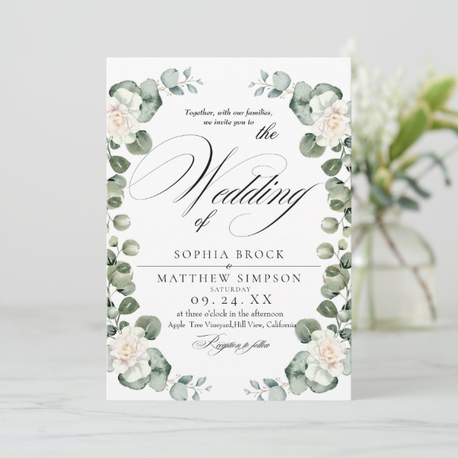 Classic Romantic Watercolor Greenery  Wedding Invitation (Standing Front)