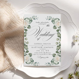 Classic Romantic White Rose Greenery Wedding Invitation