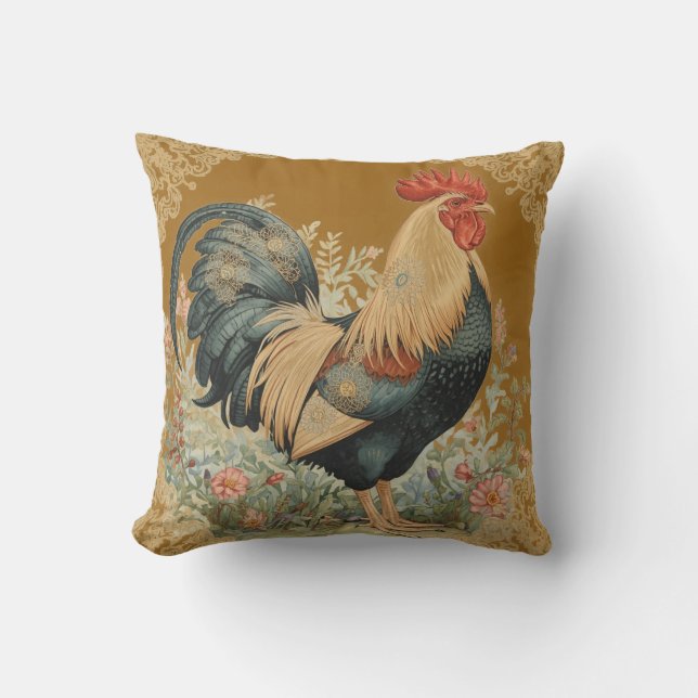 Classic, Rooster and Flowers Pattern, Vintage Cushion (Front)
