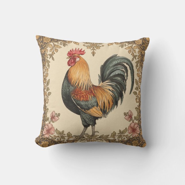 Classic,Rooster , Flowers Pattern, Vintage Cushion (Front)