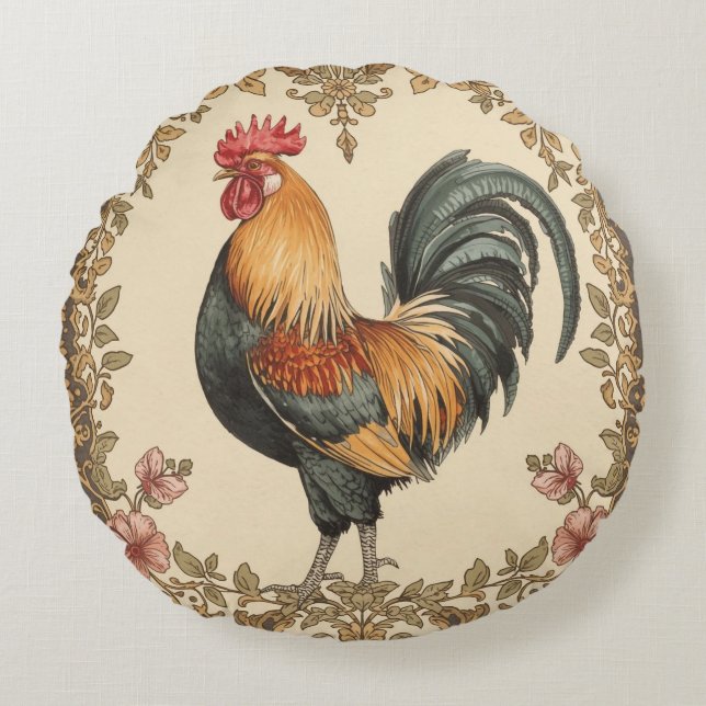 Classic,Rooster , Flowers Pattern, Vintage Round Cushion (Front)