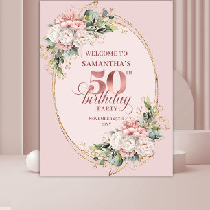 Classic Rose Gold Blush 50th Birthday Photo Banner Tapestry