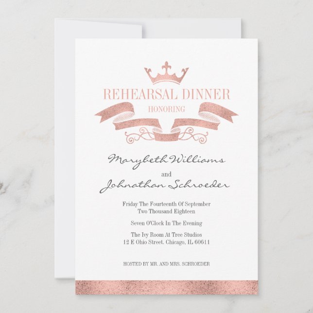 Classic Rose Gold Crest Rehearsal Dinner Card (Front)