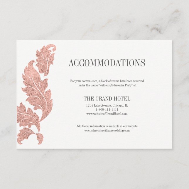 Classic Rose Gold Crest Wedding Accommodation Card (Front)
