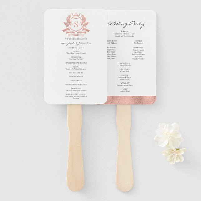 Classic Rose Gold Crest Wedding Program Hand Fan (Front and Back)