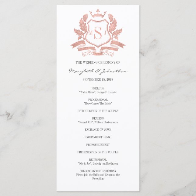 Classic Rose Gold Crest Wedding Program Programme (Front)